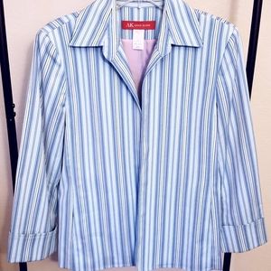 Anne Klein Stripe Blazer Open Front Lined Stretch Jacket Cuffed Sleeve Blue Pink